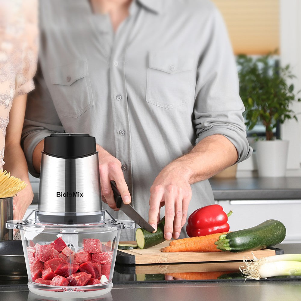 Elektrický mlynček na mäso BioloMix P6001 500W, 1,8L sklenená misa, kuchynský robot, drvič, dve rýchlosti, na zeleninu, cibuľu, cesnak