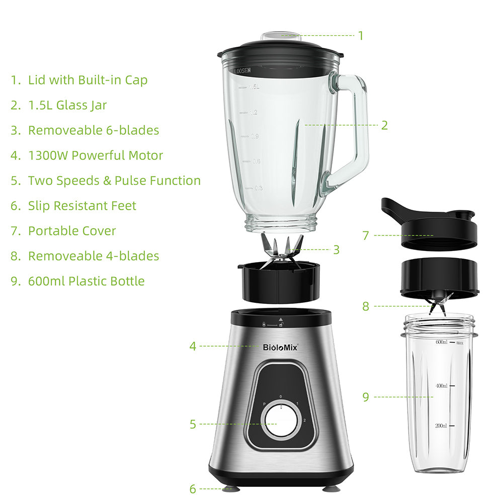BioloMix SF701 1300W smoothie mixér s 1,5l sklenicou, 2 režimy otáčok, pulzná funkcia