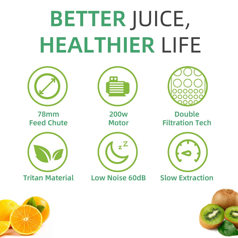 Lis na šťavy BioloMix Cold Press, s 78mm/3.07in nálevovým otvormi, 200W 40-65 ot./min výkonným motorom, tichá pomalá lisovacia šťavovarná mašinka
