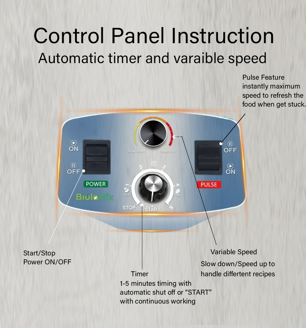 Mixér BioloMix T5200 3HP 2200W s časovačom, mixér na ovocie a jedlo, vývarovač, 2L kapacita, bez BPA
