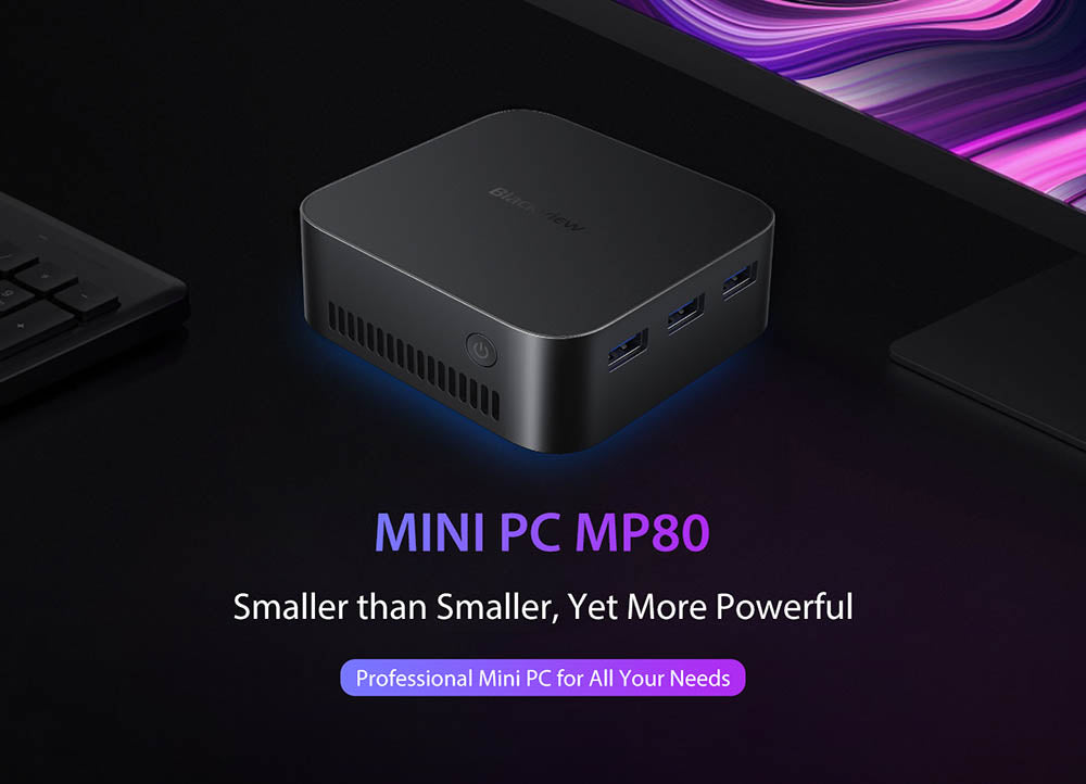 Mini PC Blackview MP80, Intel N95 4 jadrá až 3,4 GHz, 16 GB LPDDR5 RAM, 512 GB SSD, 3×HDMI displej (tri obrazovky), 2,4/5 GHz dual-band WiFi, Bluetooth 4.2, 3×USB 3.0, 2×RJ45, 1×3,5 mm HP/MIC TRRS