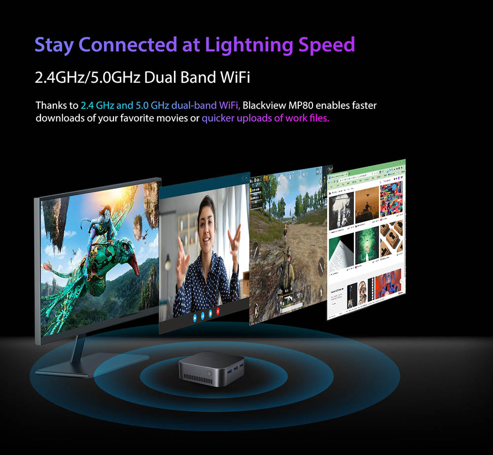 Mini PC Blackview MP80, Intel N95 4 jadrá až 3,4 GHz, 16 GB LPDDR5 RAM, 512 GB SSD, 3×HDMI displej (tri obrazovky), 2,4/5 GHz dual-band WiFi, Bluetooth 4.2, 3×USB 3.0, 2×RJ45, 1×3,5 mm HP/MIC TRRS