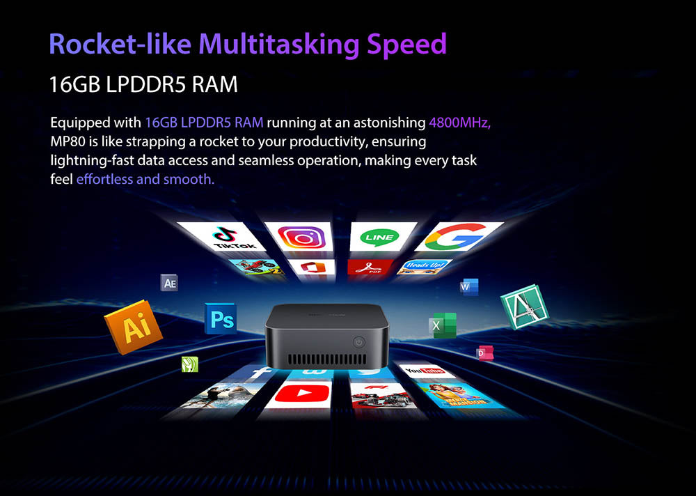 Mini PC Blackview MP80, Intel N95 4 jadier až 3,4 GHz, 16 GB LPDDR5 RAM, 512 GB SSD, 3×HDMI displej (tri obrazovky), 2,4/5 GHz dual-band WiFi, Bluetooth 4.2, 3×USB 3.0, 2×RJ45, 1×3,5 mm HP/MIC TRRS