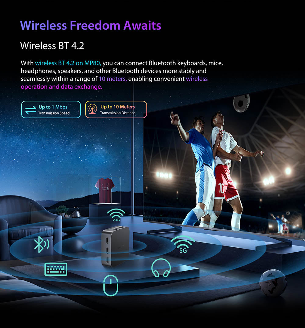 Mini PC Blackview MP80, Intel N95 4 jadrá až 3,4 GHz, 16 GB LPDDR5 RAM, 512 GB SSD, 3×HDMI displej (tri obrazovky), 2,4/5 GHz dual-band WiFi, Bluetooth 4.2, 3×USB 3.0, 2×RJ45, 1×3,5 mm HP/MIC TRRS