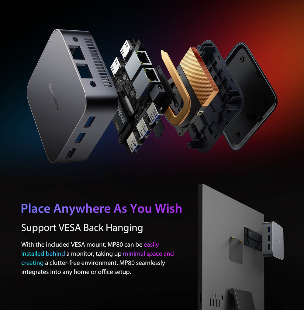 Mini PC Blackview MP80, Intel N95 4 jadier až 3,4 GHz, 16 GB LPDDR5 RAM, 512 GB SSD, 3×HDMI displej (tri obrazovky), 2,4/5 GHz dual-band WiFi, Bluetooth 4.2, 3×USB 3.0, 2×RJ45, 1×3,5 mm HP/MIC TRRS