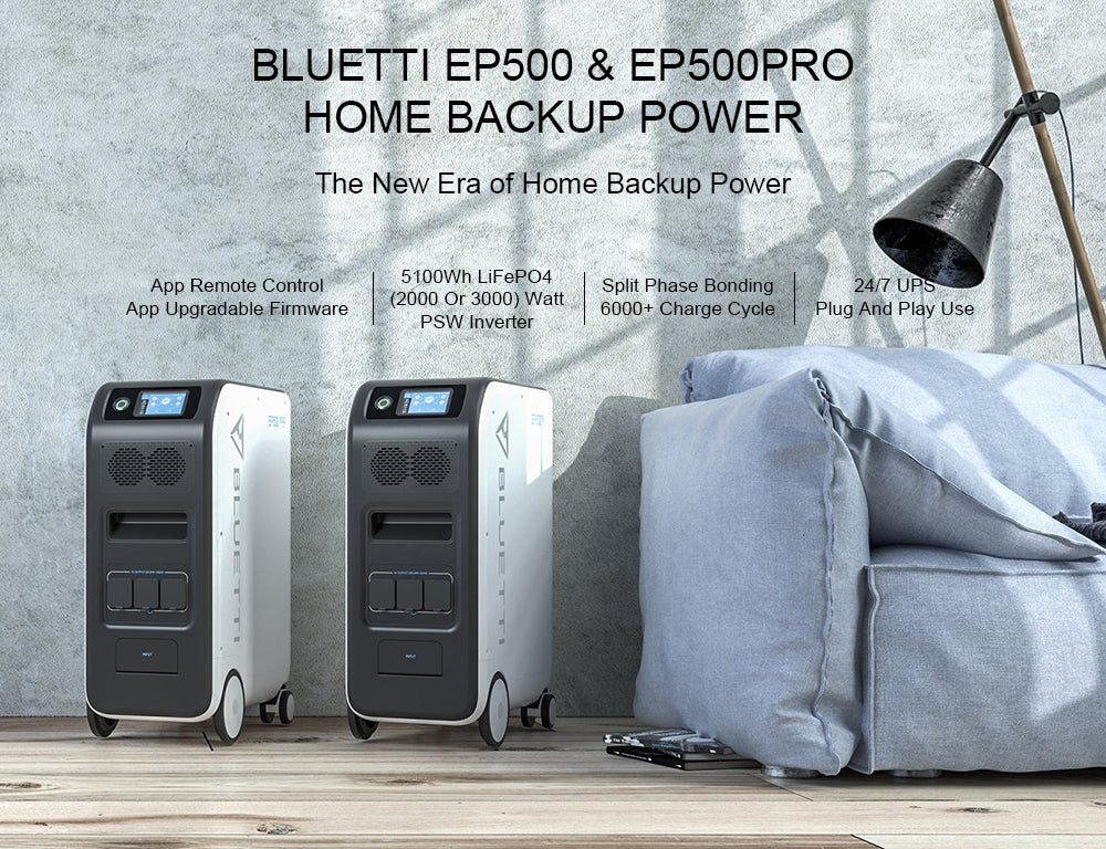 Prenosná elektráreň BLUETTI EP500, solárny generátor s batériou LiFePO4 5100Wh, striedavý výstup 2000 W, bezproblémový UPS, 15W bezdrátové nabíjanie, ovládanie cez aplikáciu – EU zástrčka