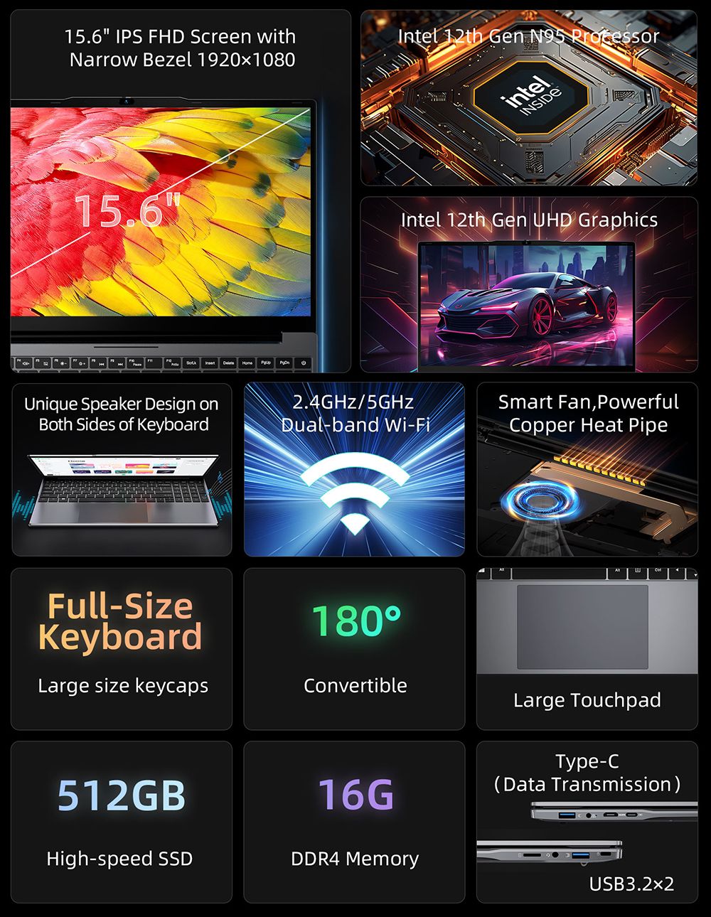 Laptop BMAX X15 Pro, 15,6 palcový IPS displej s rozlíšením 1920*1080, Intel N95 s 4 jadierami, max. 3,4 GHz, 16 GB RAM, 512 GB SSD, WiFi 5, Bluetooth 5.0, batéria 5000 mAh, 1x Type-C, 2x USB 3.2, 1x Mini HDMI, 1x Micro SD slot, 1x konektor pre slúchadlá, plnohodnotná klávesnica.