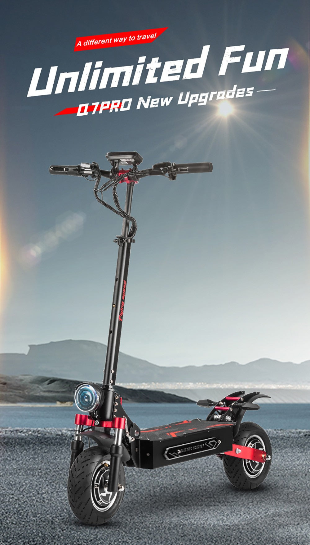 Elektromobilná kolobežka BOYUEDA Q7 Pro Max, 2x 1600W motor, 52V 28AH batéria, 10-palcové kolesá, maximálna rýchlosť 70 km/h, dojazd 110 km, dvojité hydraulické kotúčové brzdy, predný hydraulický tlmič a zadný pružinový tlmič, LCD displej.