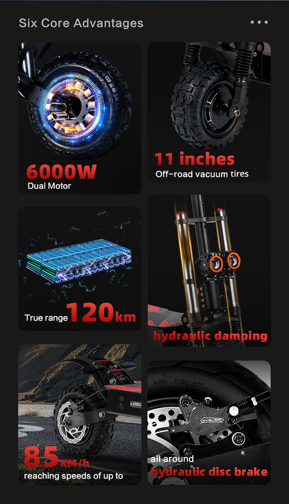 Elektromobilná kolobežka BOYUEDA S3-11, 2*3000W motor, 60V 38AH batéria, 11-palcové kolesá, maximálna rýchlosť 85 km/h, dojazd 120 km, dvojité hydraulické kotúčové brzdy, hydraulické tlmiče nárazov, LCD displej.