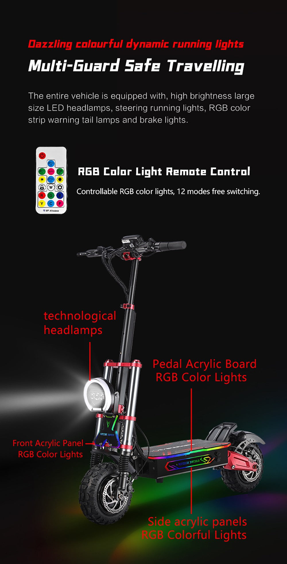 Elektromobilná kolobežka BOYUEDA S5-11, 2*3000W motor, 60V 38AH batéria, 11-palcové kolesá, maximálna rýchlosť 85 km/h, dojazd 120 km, dvojité hydraulické kotúčové brzdy, hydraulické tlmiče nárazov, LCD displej.