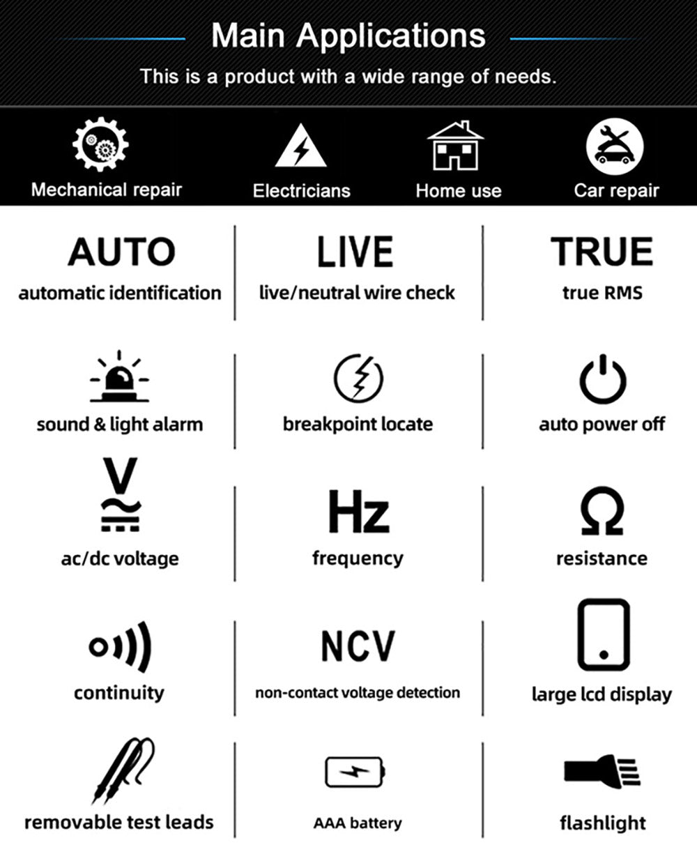 Digitálny multimeter BSIDE A1, elektrikárské pero, bezkontaktný tester napätia, merač ohmov a Hz, test AC fázy/nuly, červené a zelené podsvietenie, s úložným vreckom - čierna