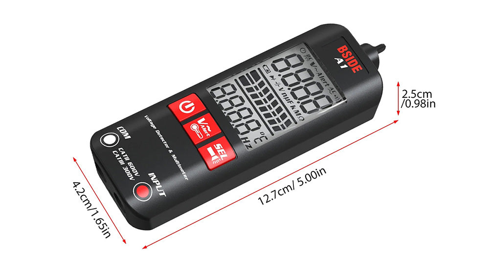 Digitálny multimeter BSIDE A1, elektrikárské pero, bezkontaktný tester napätia, merač ohmov a Hz, test AC fázy/nuly, červené a zelené podsvietenie, s úložným vreckom - čierna