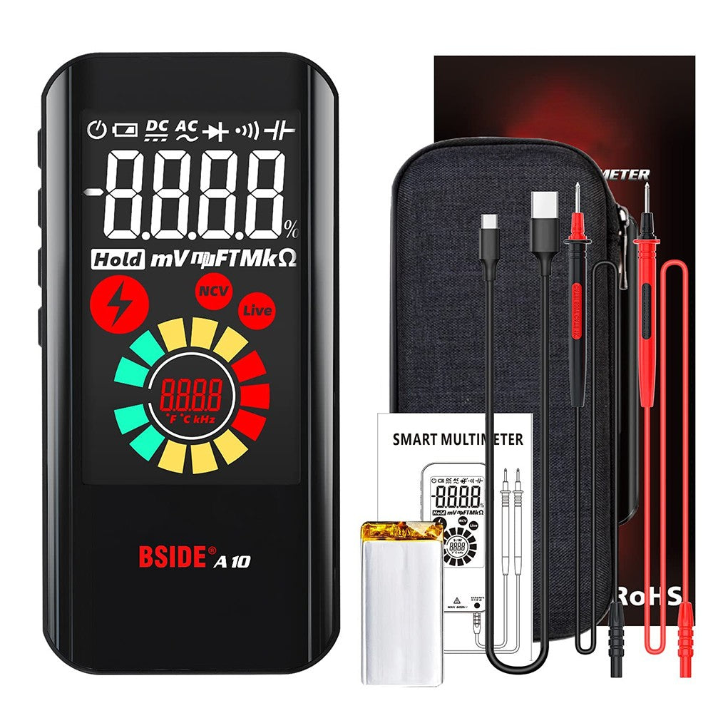 BSIDE A10 Inteligentný digitálny multimeter, 9999 True RMS EBTN farebný displej, DC AC napätie, kapacita, ohm, dióda, NCV, Hz, tester živého drôtu