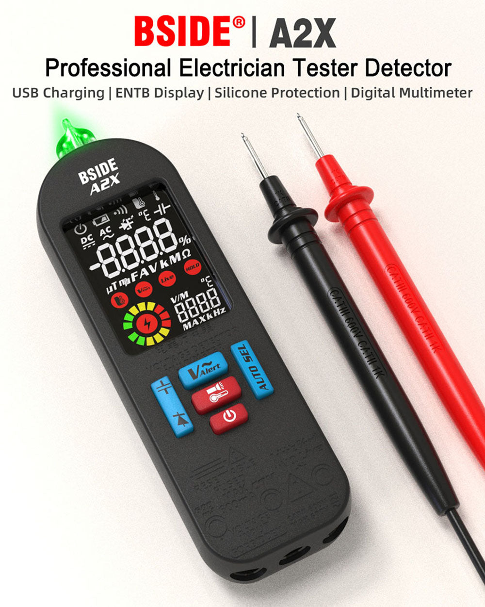 Inteligentný digitálny multimeter BSIDE A2X, USB nabíjanie, farebný LCD displej, dobíjateľná Li-ion batéria, jasná LED svítilna, inteligentná identifikácia ampérov.