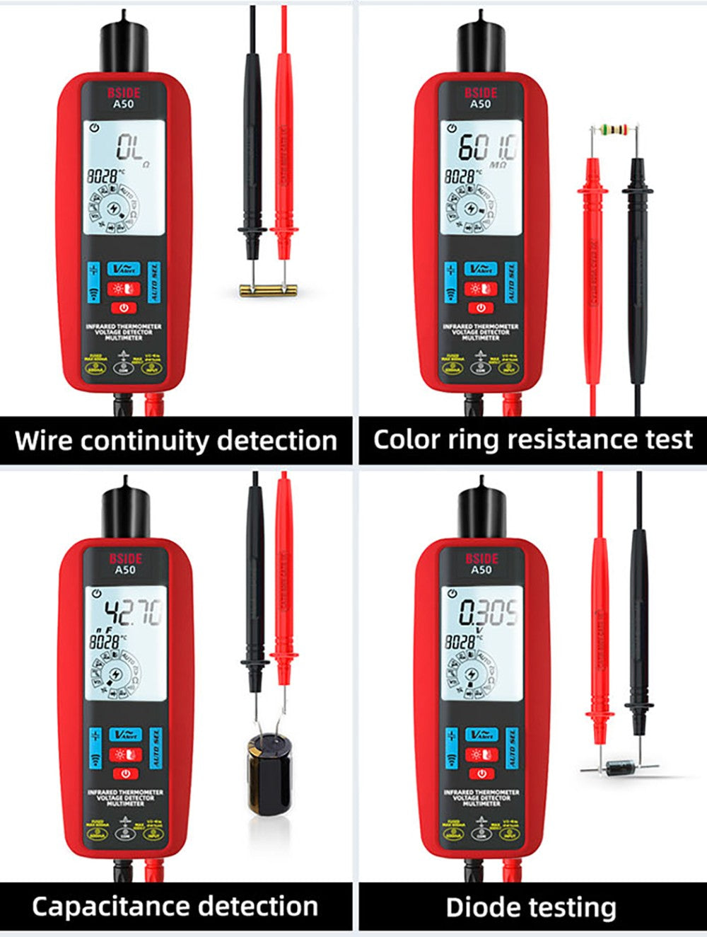 Digitálny multimeter BSIDE A50, 6000 meracích jednotiek, elektrická testovacia sonda, detektor únikov, tester napätia/prúdu/kapacity/odporu