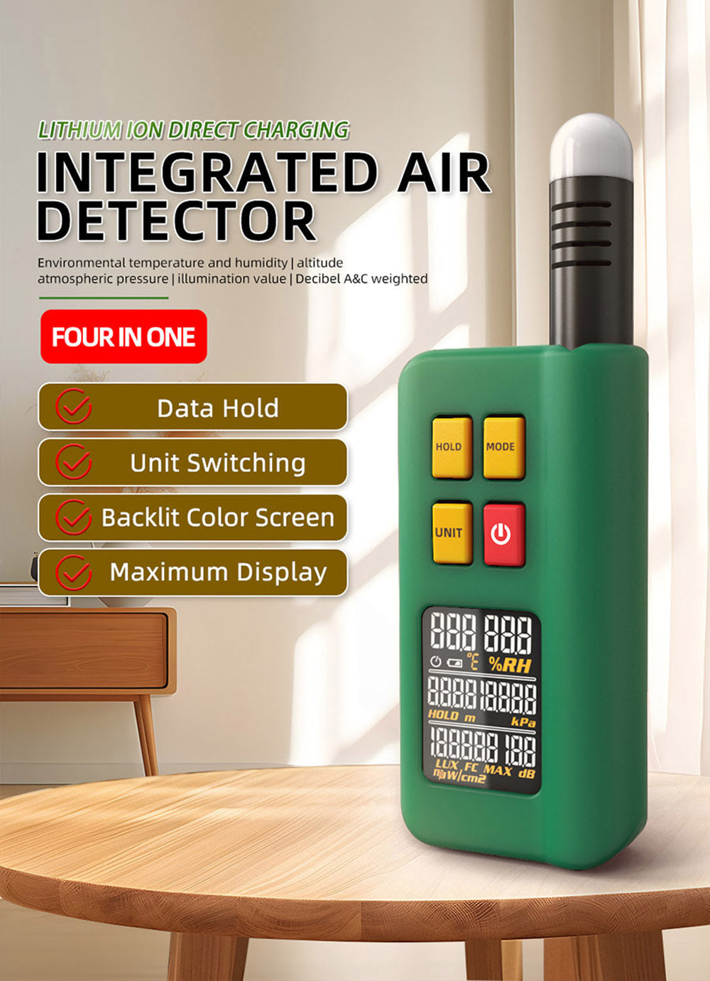 BSIDE GX1 4 v 1 Komplexný Tester, Tester Okolitého Prostředí/Teploty Vlhkosti/Osvětlení Hluk/Výšky, s Funkciami Merania v Decibelih, A & C Vážených Funkcí - Zelená
