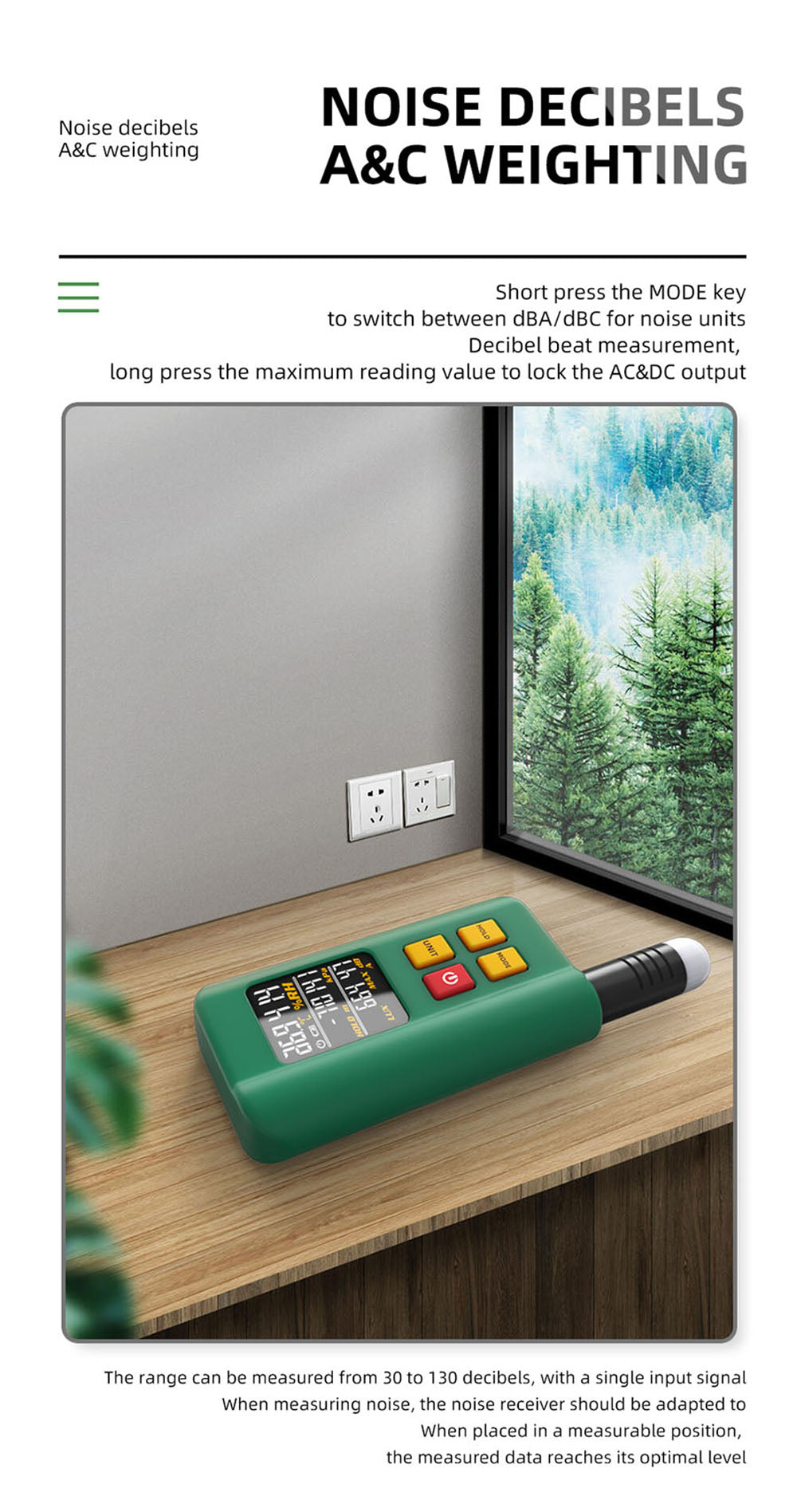 BSIDE GX1 4 v 1 Komplexný Tester, Tester Okolitého Prostředí/Teploty Vlhkosti/Osvětlení Hluk/Výšky, s Funkciami Merania v Decibelih, A & C Vážených Funkcí - Zelená