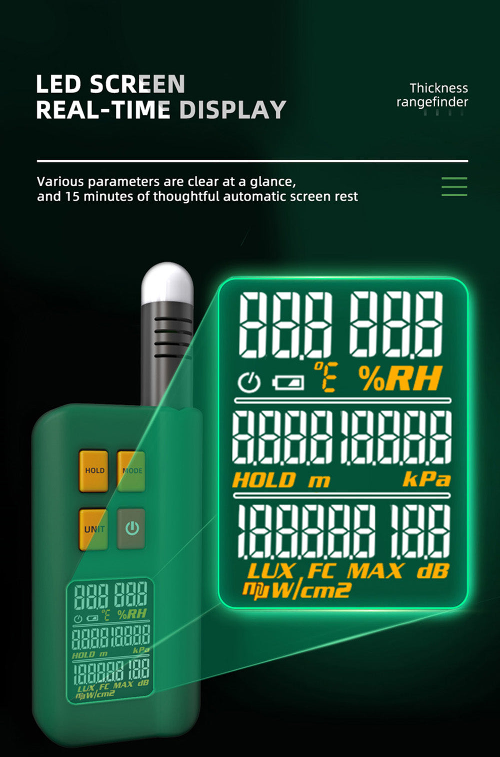 BSIDE GX1 4 v 1 Komplexný Tester, Tester Okolitého Prostředí/Teploty Vlhkosti/Osvětlení Hluk/Výšky, s Funkciami Merania v Decibelih, A & C Vážených Funkcí - Zelená