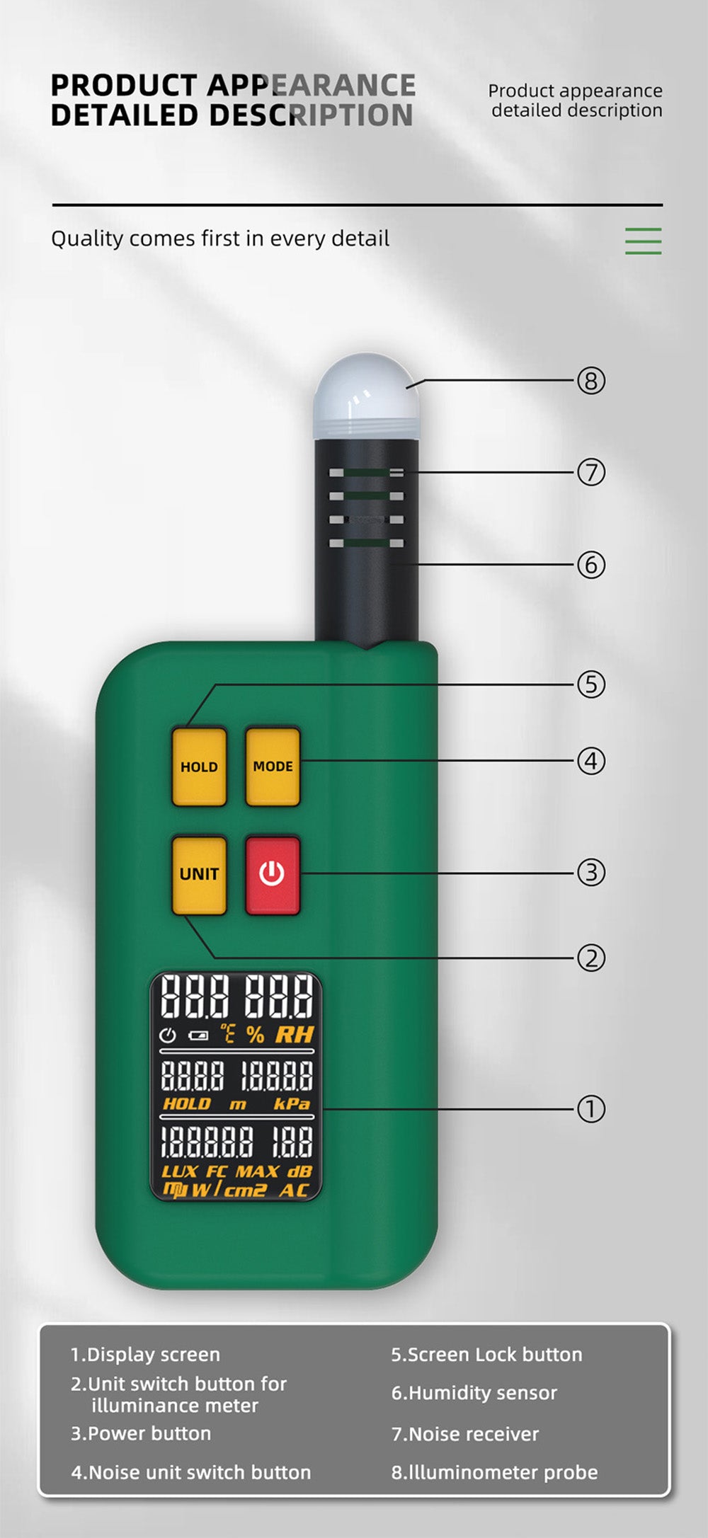 BSIDE GX1 4 v 1 Komplexný Tester, Tester Okolitého Prostředí/Teploty Vlhkosti/Osvětlení Hluk/Výšky, s Funkciami Merania v Decibelih, A & C Vážených Funkcí - Zelená