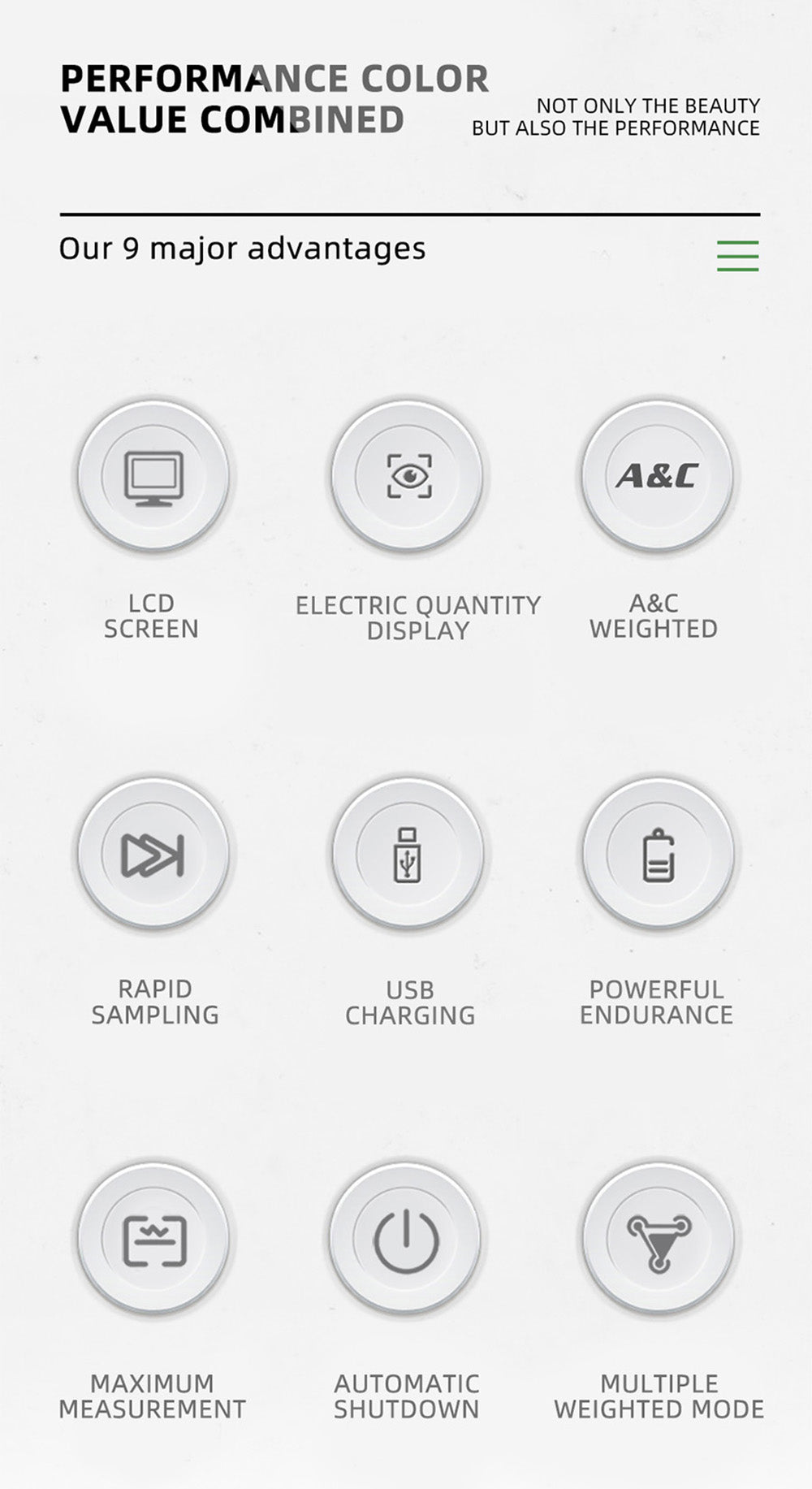 BSIDE GX1 4v1 Komplexný Tester, Tester okolí/Teplota Vlhkost/Svetlo Hluk/Vysokozdielnost, s Decibelovými, A & C Váženými Testovacími Funkciami - Zelený