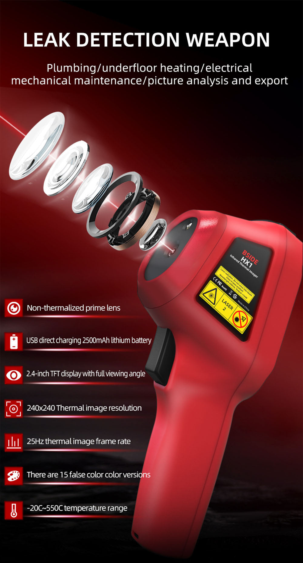 Infračervený tepelný snímač BSIDE HX1, 240*240P, 2,4 palcový LCD displej, krytie IP54