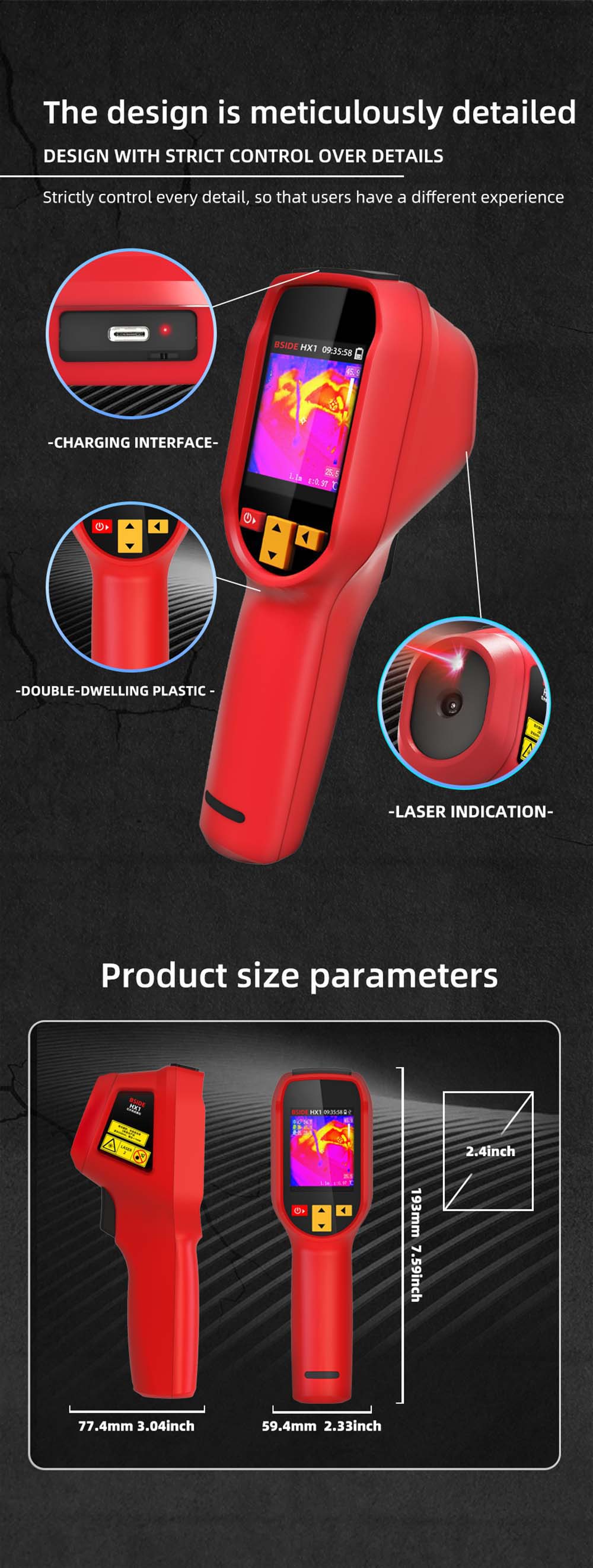Infračervený tepelný snímač BSIDE HX1, 240*240P, 2,4 palcový LCD displej, krytie IP54