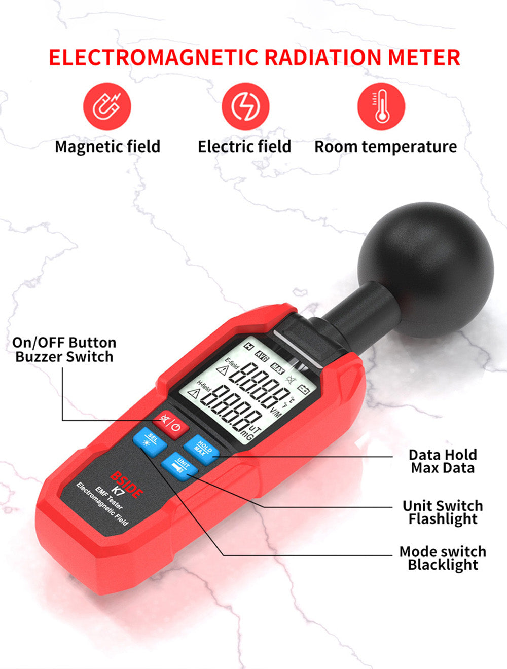 BSIDE K7 Tester elektromagnetického poľa, EMF meter, detektor radiačných signálov, automatické meranie 360°, zvukový a svetelný alarm, s LED svietidlom na núdzové situácie, LCD displej - červený, bez batérie