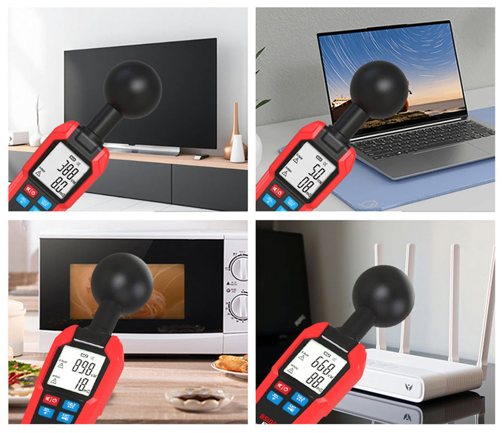 BSIDE K7 Tester elektromagnetického poľa, EMF meter, detektor radiačných signálov, automatické meranie 360°, zvukový a svetelný alarm, s LED svietidlom na upozornenie na nadmerné dávkovanie, LCD displej - červená, bez batérie