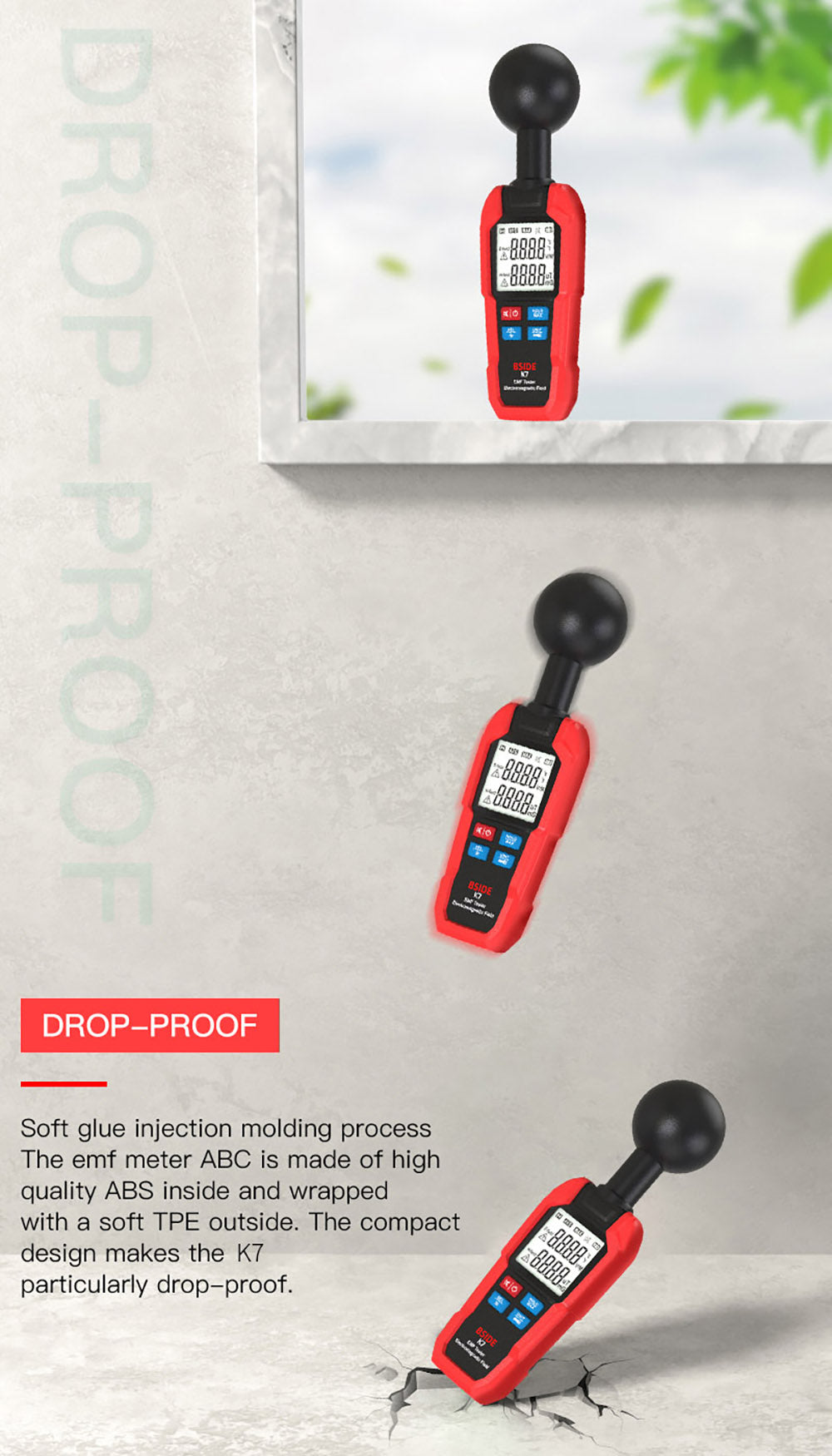 BSIDE K7 Tester elektromagnetického poľa, EMF meter, detektor radiačných signálov, automatické meranie 360°, zvukový a svetelný alarm, s LED svietidlom na núdzové situácie, LCD displej - červený, bez batérie
