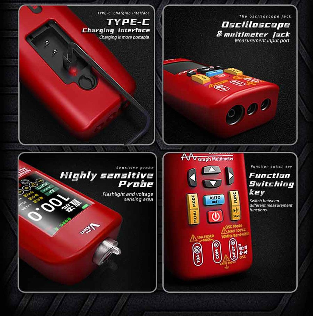 Digitálny osciloskop BSIDE O1, ručný multimeter, ukladanie priebehu signálu, frekvencia vzorkovania 48 MSa/s, 10 MHz, profesionálny tester elektronických komponentov - červená