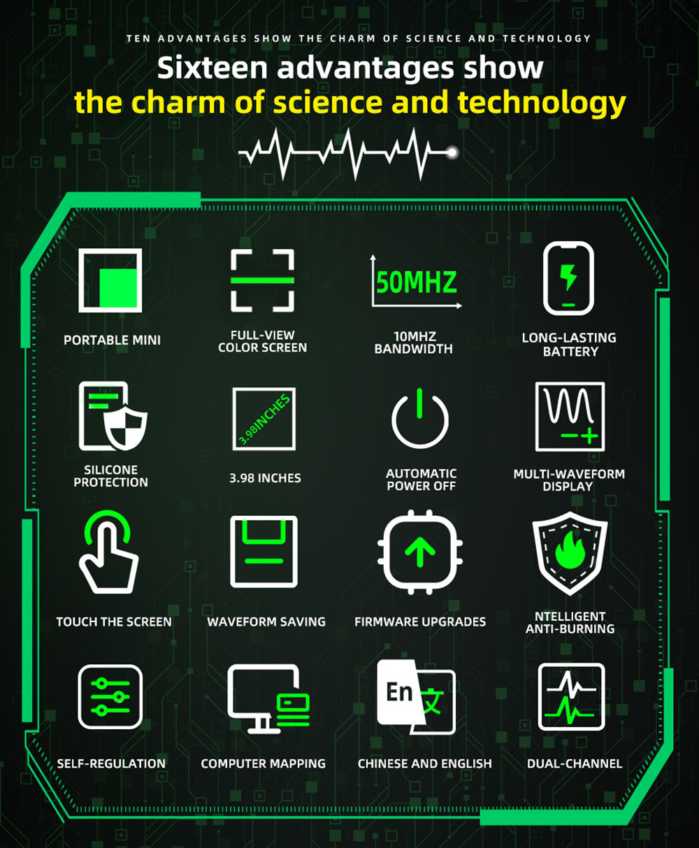 BSIDE O2 dvojkanálový osciloskop, šírka pásma 50 MHz, frekvencia vzorkovania v reálnom čase 250 MSa/s, 3,98-palcový TFT LCD displej, 7 tvarov signálov