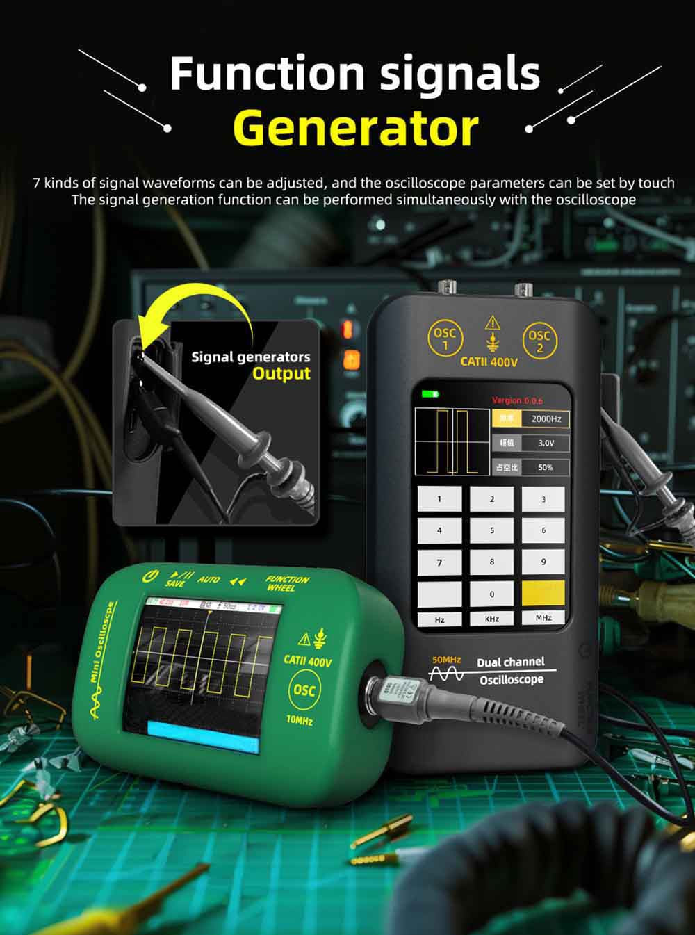 BSIDE O2 dvojkanálový osciloskop, šírka pásma 50 MHz, frekvencia vzorkovania v reálnom čase 250 MSa/s, 3,98-palcový TFT LCD displej, 7 tvarov signálov