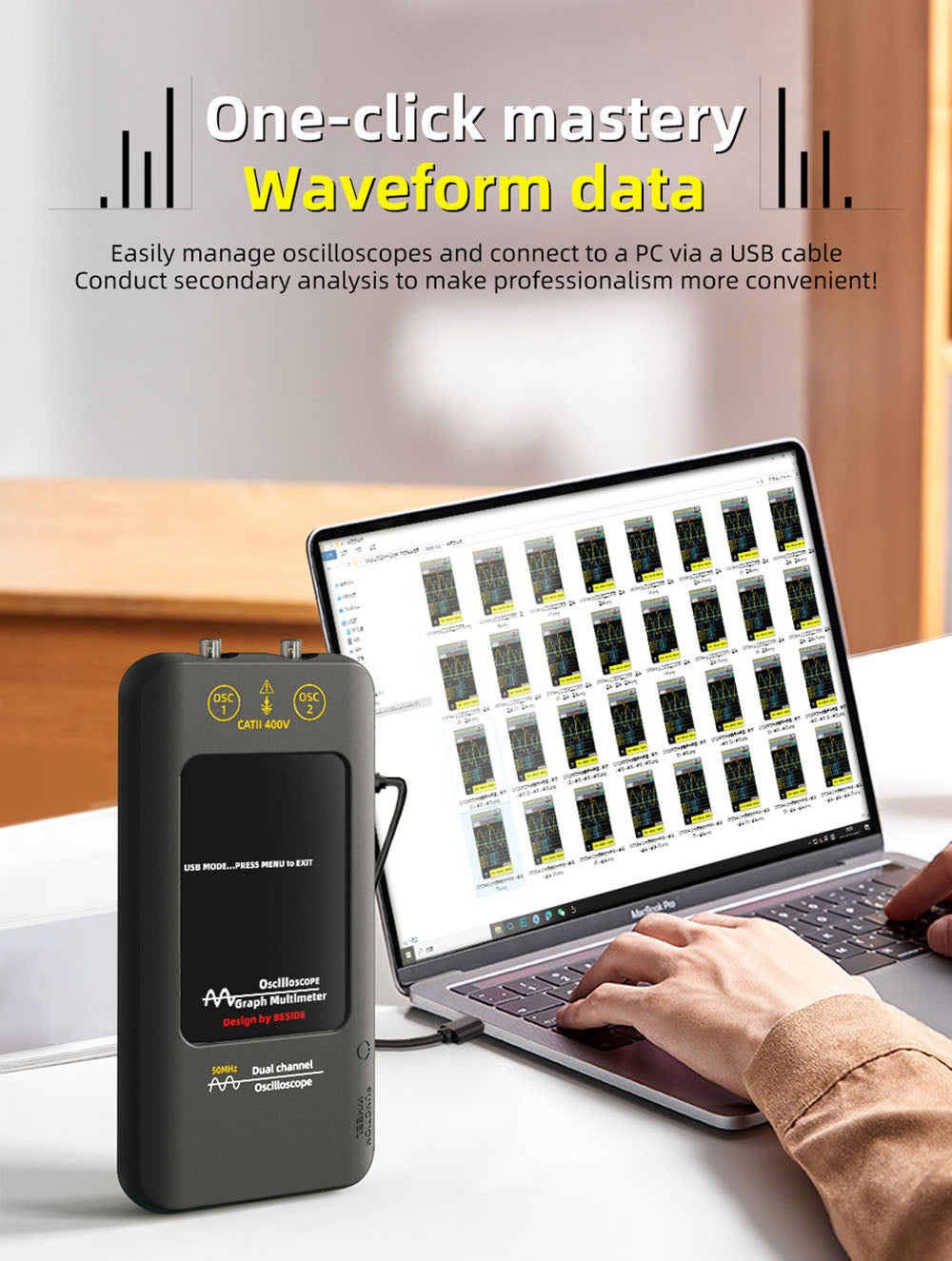 BSIDE O2 dvojkanálový osciloskop, šírka pásma 50 MHz, frekvencia vzorkovania v reálnom čase 250 MSa/s, 3,98-palcový TFT LCD displej, 7 tvarov signálov