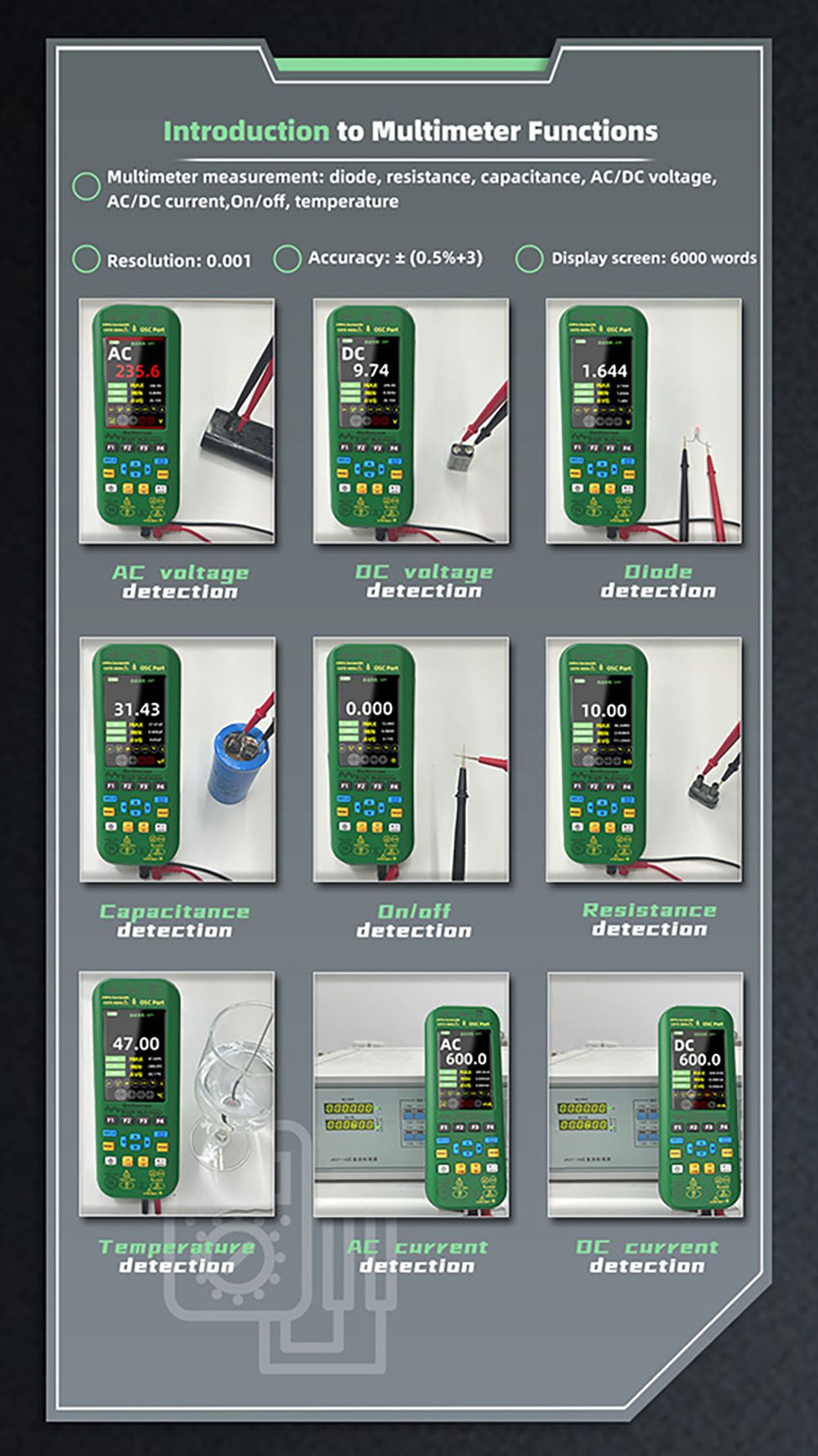 BSIDE O7 3 v 1 osciloskop a multimeter, merač napätia/prúdu/kapacity/frekvencie/odporu/pretržitosti/tester diód, 3,98