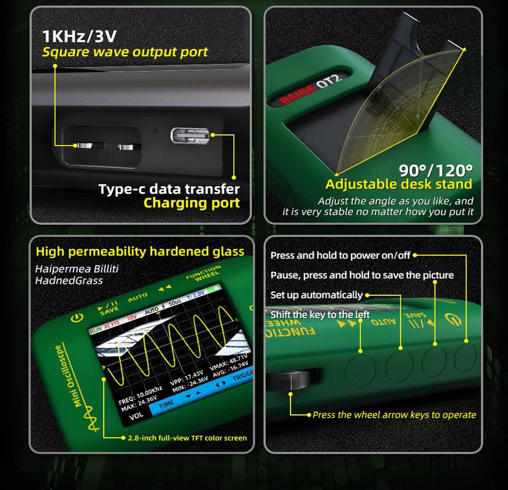 BSIDE OT2 Ručný digitálny osciloskop a multimeter, šírka pásma 10 MHz s frekvenciou vzorkování 48 MSa/s, 2,8-palcový LCD displej