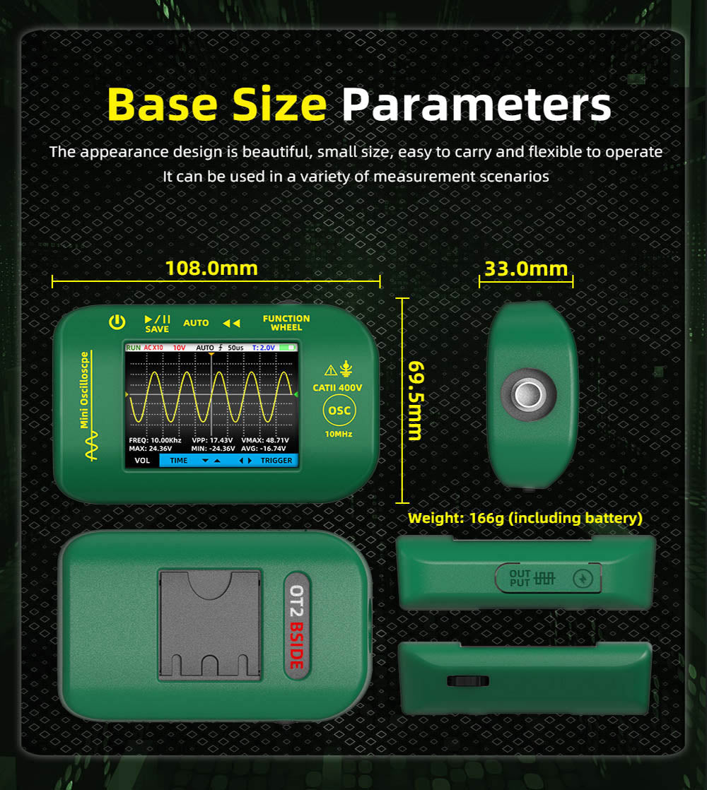 BSIDE OT2 Ručný digitálny osciloskop a multimeter, 10 MHz šírka pásma s frekvenciou vzorkování 48 MSa/s, 2,8-palcový LCD displej