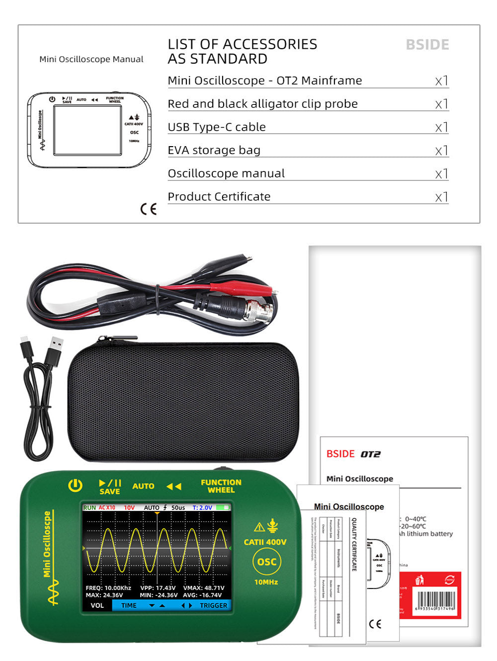 BSIDE OT2 Ručný digitálny osciloskop a multimeter, šírka pásma 10 MHz s frekvenciou vzorkování 48 MSa/s, 2,8-palcový LCD displej
