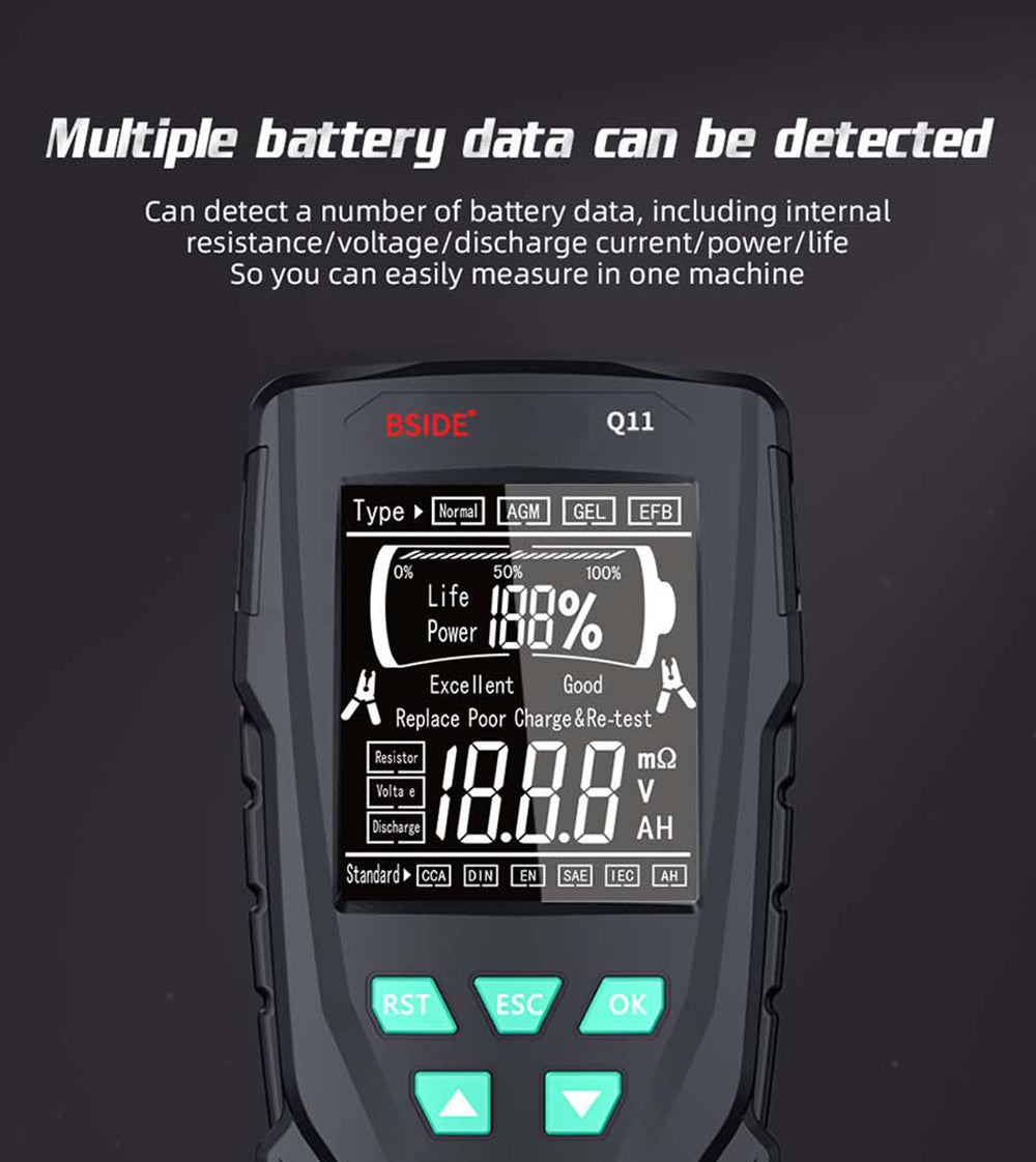 BSIDE Q11 Tester autobatérií, digitálny merač 12V a 24V, analyzátor olovených batérií CCA, 3Ah-200Ah, profesionálny automatický diagnostický nástroj.