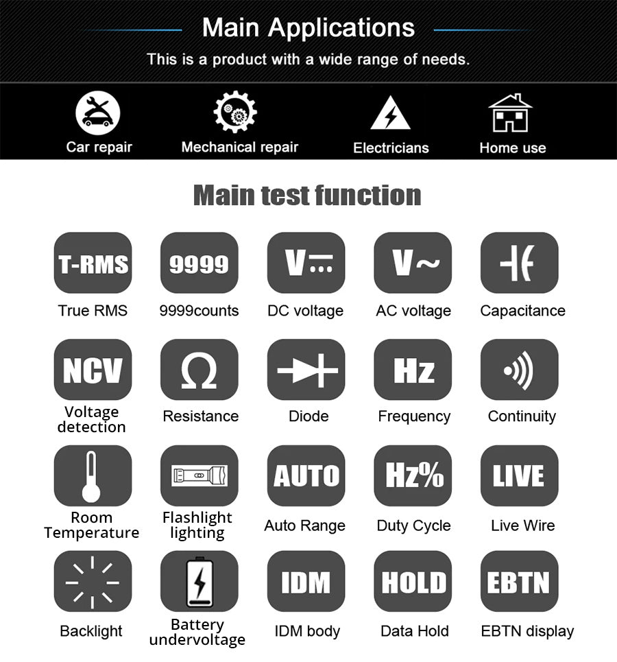 BSIDE S10 Inteligentný digitálny multimeter, 3,5" farebný LCD displej, 9999 meraní, tester napätia, kapacity, odporu a diód striedavého a jednosmerného prúdu, čierna farba - bez batérie