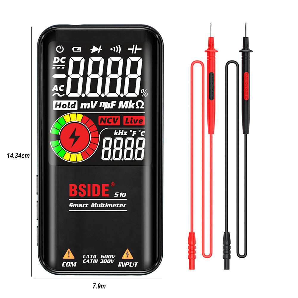 BSIDE S10 Inteligentný digitálny multimeter, 3,5" farebný LCD displej, 9999 meraní, tester napätia, kapacity, odporu a diód striedavého a jednosmerného prúdu, čierna farba - bez batérie