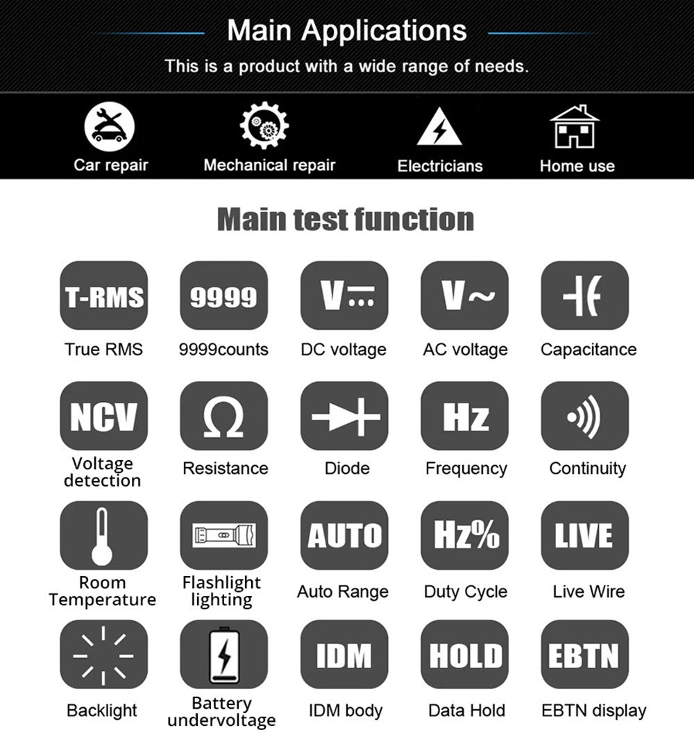 Digitálny multimeter BSIDE S11, inteligentný tester pre elektrikárov, USB nabíjanie, farebný displej EBTN, T-RMS 9999 hodín, tester napätia, kapacity, ohmu, diódy striedavého a jednosmerného prúdu, čierna farba - s batériou