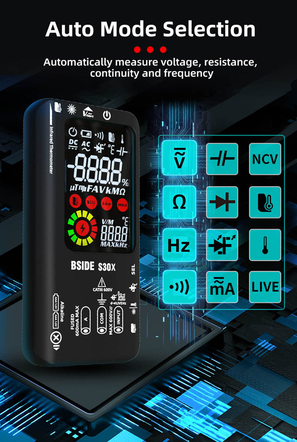 Digitálny multimeter BSIDE S30, infračervený teplomer, True RMS 9999 meraní, striedavé a jednosmerné napätie a prúd 15V, dióda, kondenzátor, ohm, NCV, dobíjací tester - čierna farba