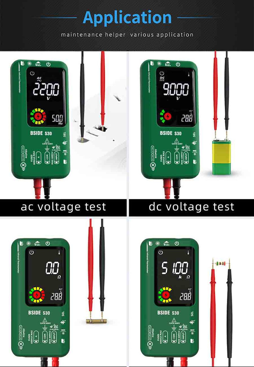 Digitálny multimeter BSIDE S30, infračervený teplomer, True RMS 9999 meraní, striedavé a jednosmerné napätie a prúd 15V, dióda, kondenzátor, ohm, NCV, dobíjací tester - čierna farba
