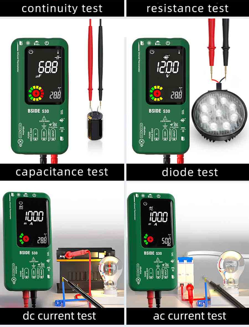 Digitálny multimeter BSIDE S30, infračervený teplomer, True RMS 9999 meraní, striedavé a jednosmerné napätie a prúd 15V, dióda, kondenzátor, ohm, NCV, dobíjací tester - čierna farba