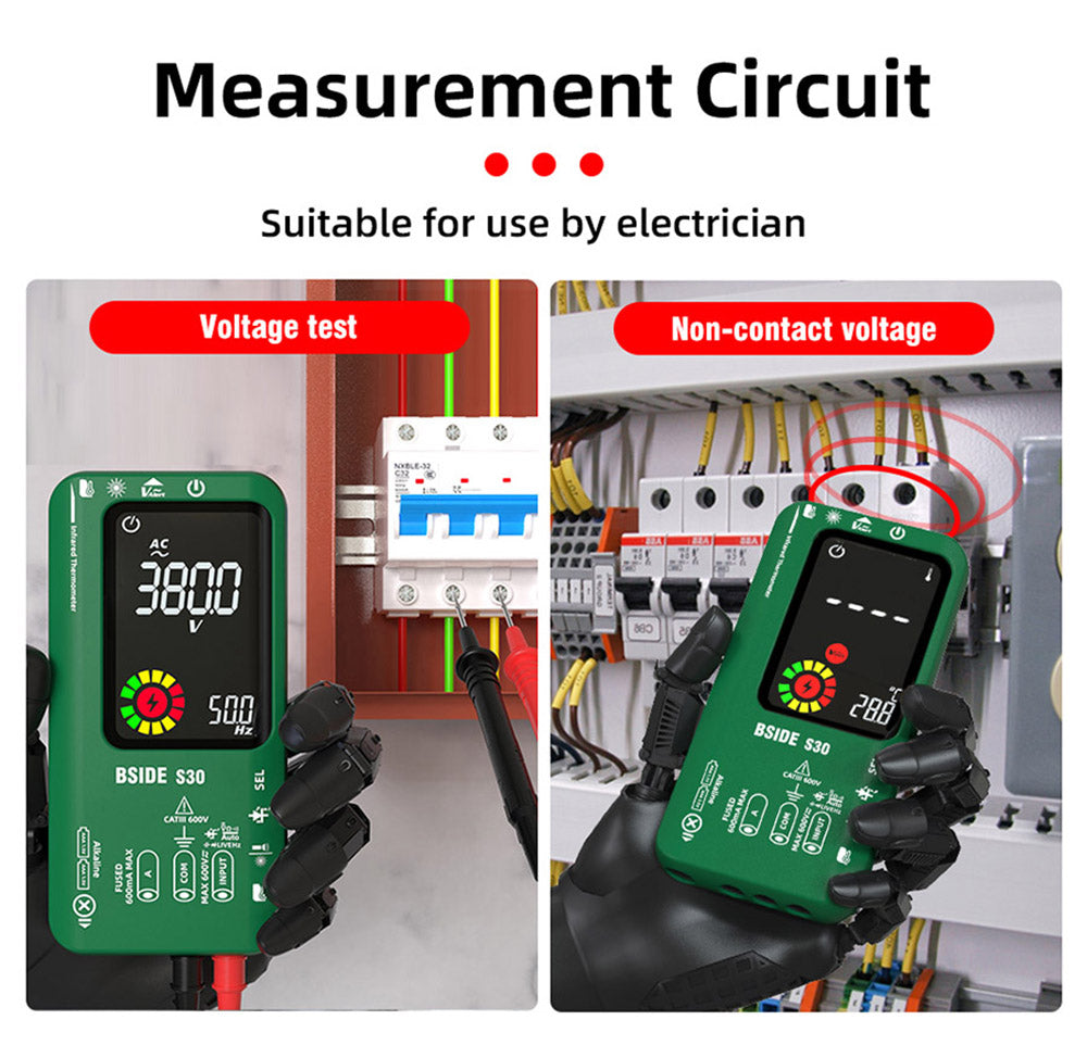 Digitálny multimeter BSIDE S30X, infračervený teplomer, farebný displej, True RMS 9999 hodnôt, merač napätia, kapacity, odporu, frekvencie a diód.