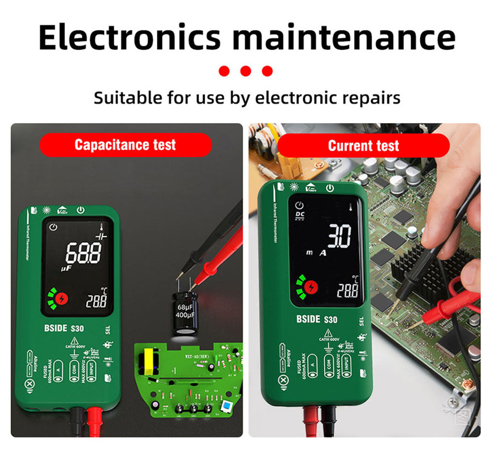 Digitálny multimeter BSIDE S30X, infračervený teplomer, farebný displej, True RMS 9999 hodnôt, merač napätia, kapacity, odporu, frekvencie a diód.