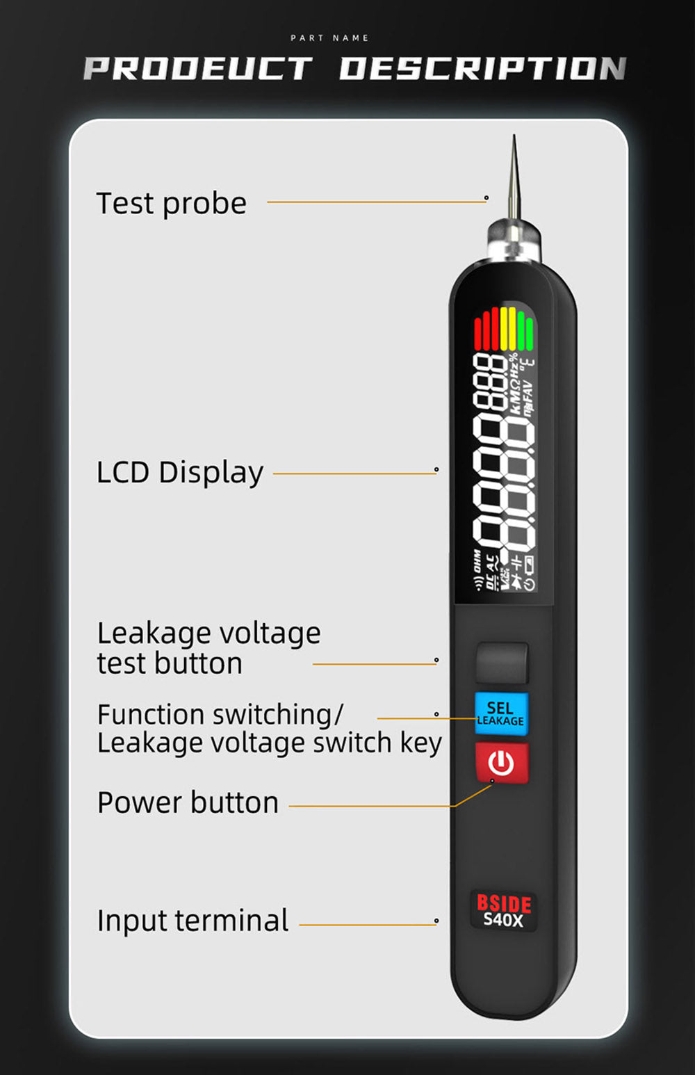 Digitálny multimeter BSIDE S40X, merač únikového napätia, test AC/DC diódy, odporu a kapacity, LCD displej, vyhľadávanie bodu poruchy, vysoká presnosť, plne inteligentný, USB nabíjanie