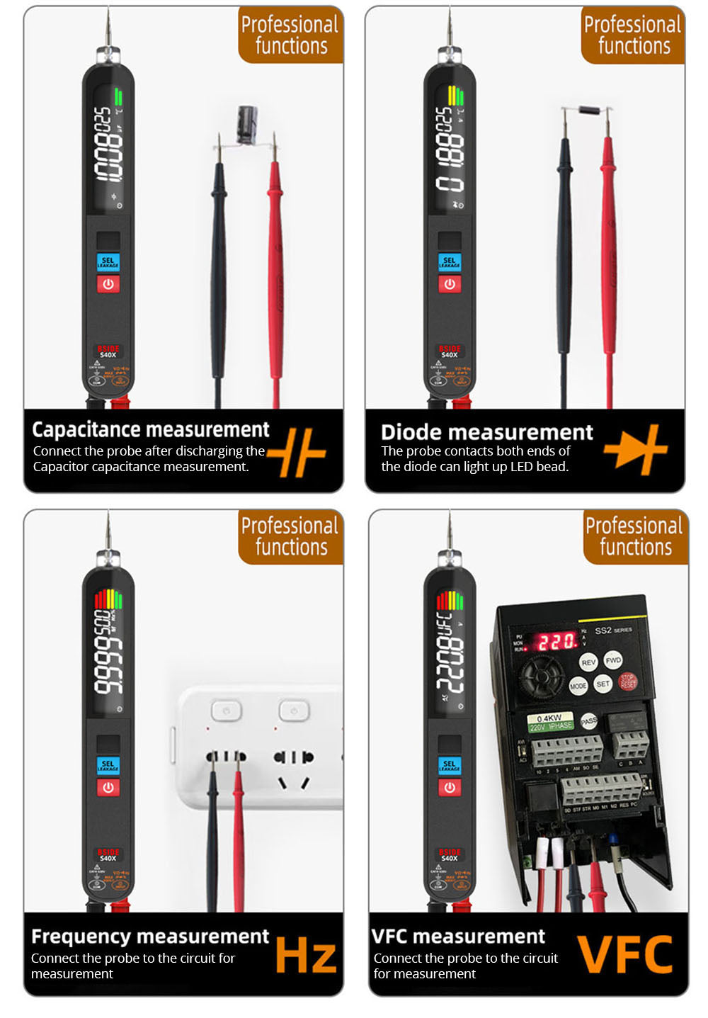 Digitálny multimeter BSIDE S40X, merač únikového napätia, test AC/DC diódy, odporu a kapacity, LCD displej, vyhľadávanie bodu poruchy, vysoká presnosť, plne inteligentný, USB nabíjanie