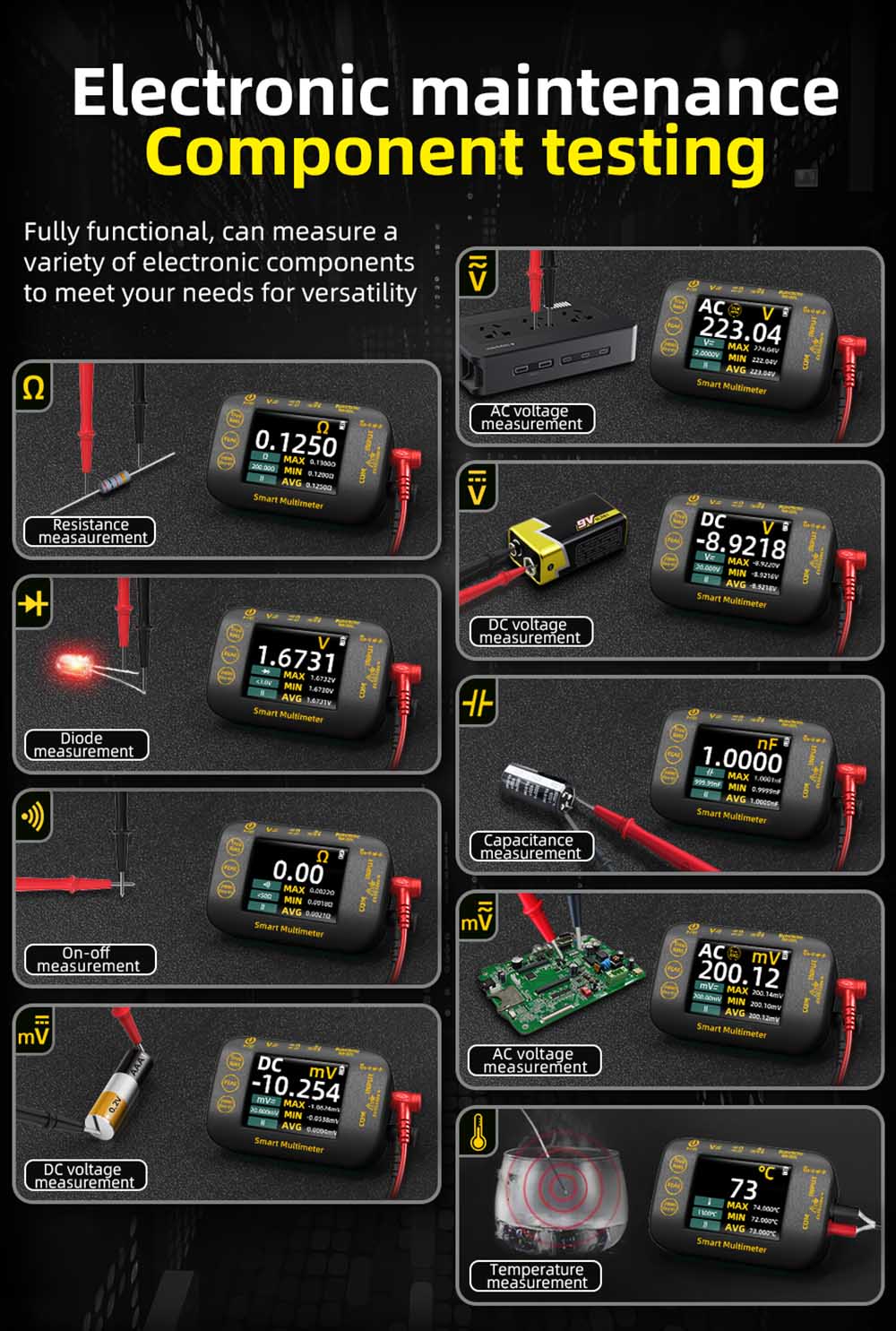 Digitálny multimeter BSIDE S450, 20000 meraní, 1000V, 2,8" LCD displej, grafické záznamy, port Type-C na nabíjanie, fotovoltaické napätie, milivoltový striedavý vrcholový merač