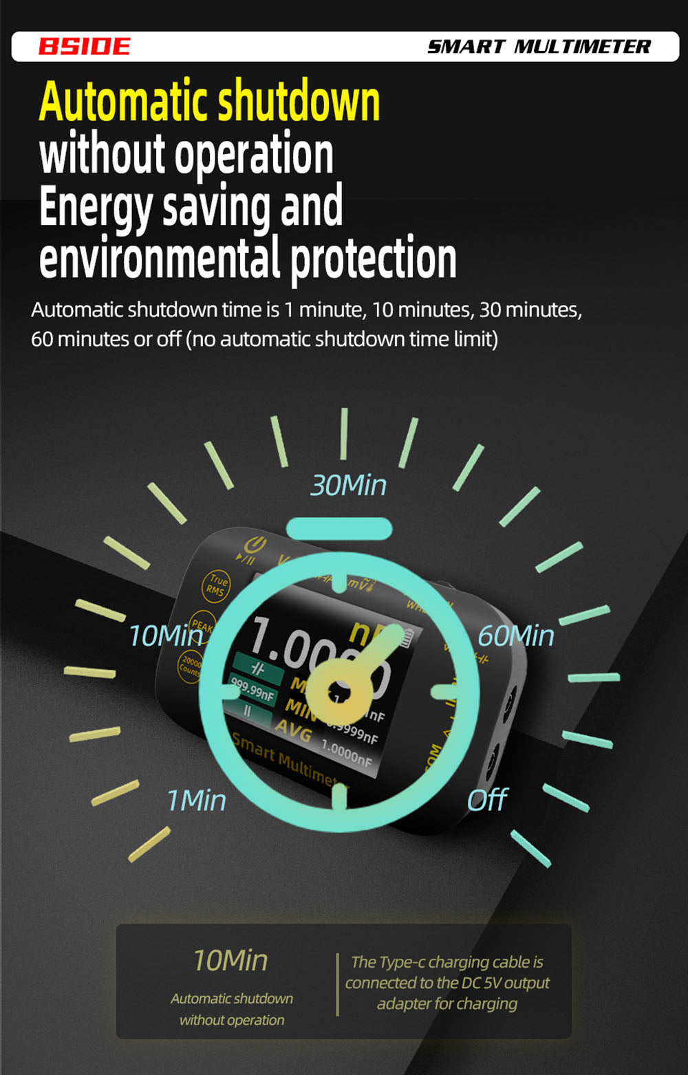Digitálny multimeter BSIDE S450, 20000 meraní, 1000V, 2,8" LCD displej, grafické záznamy, port Type-C na nabíjanie, fotovoltaické napätie, milivoltový striedavý vrcholový merač